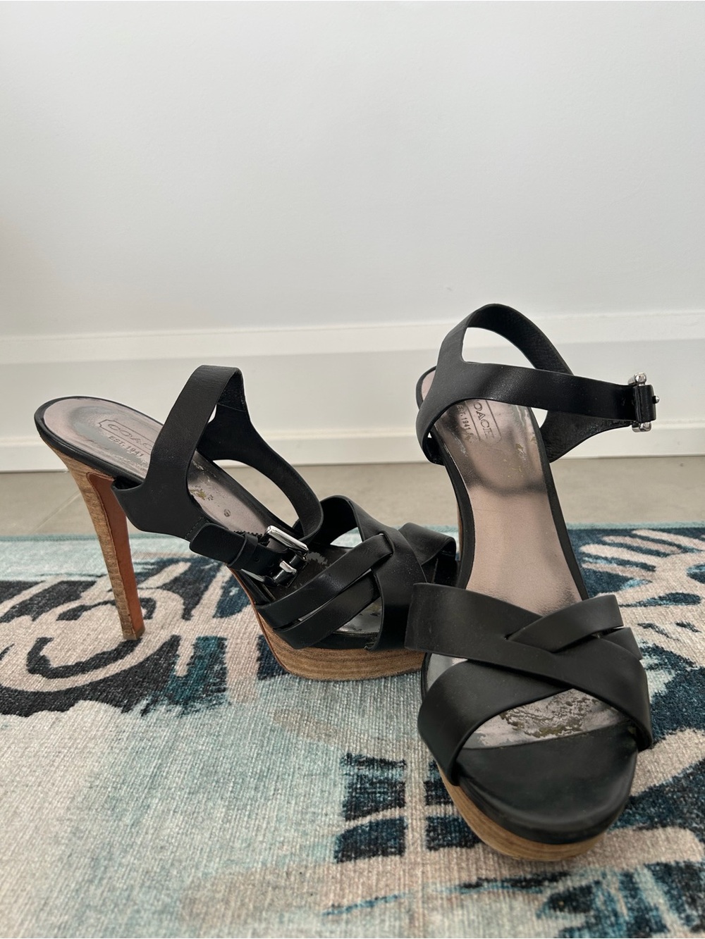 Coach Black Leather Crisscross Platform Heels
